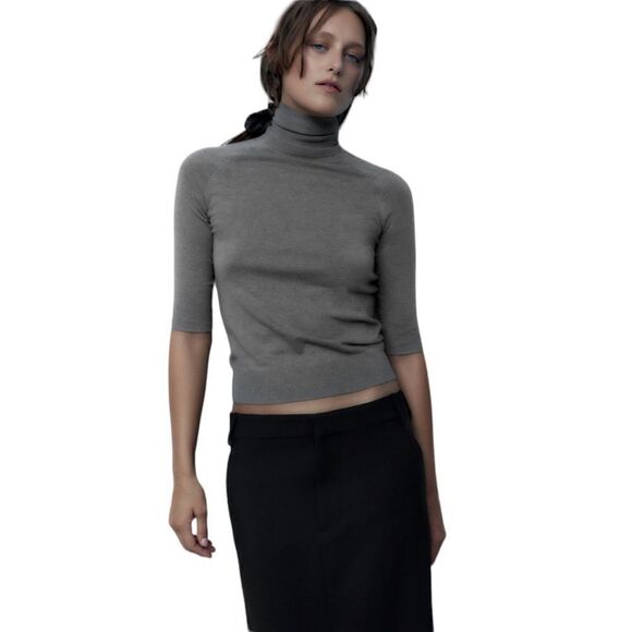 ZARA | Gray | HIGH COLLAR KNIT SWEATER - Picture 5 of 9